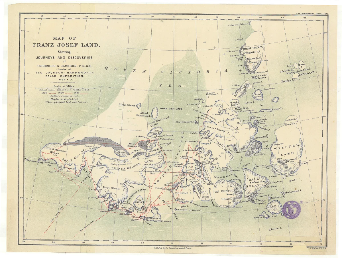 Royal Geographical Society map of Frederick Jackson’s journeys, published in 1898.